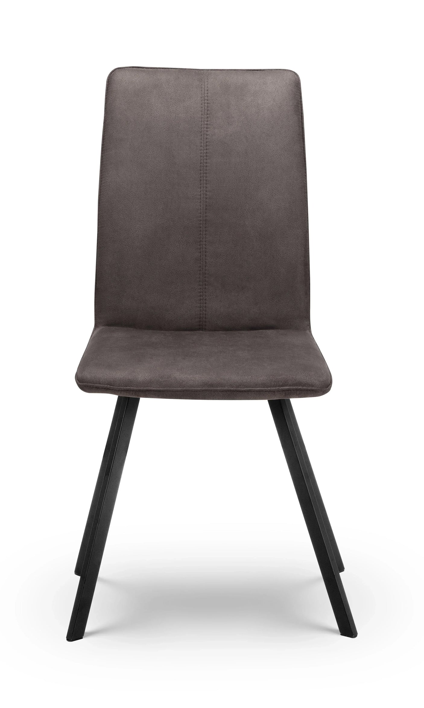 Grey fabric dining chair with black angled metal legs, front view against white background