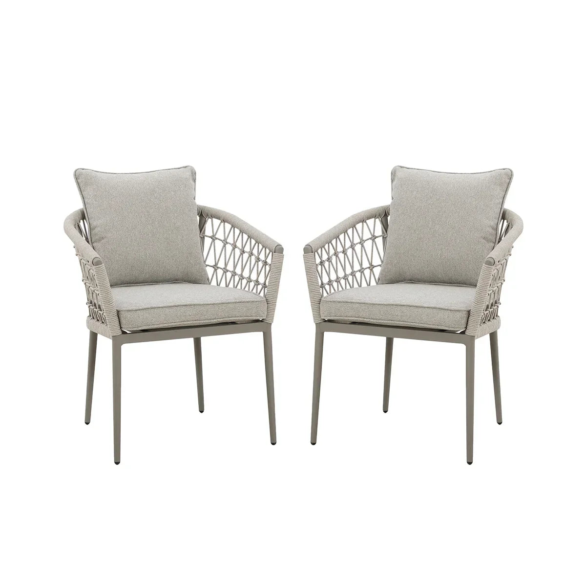 Pair of grey rope dining chairs with cushions and open weave sides on white background