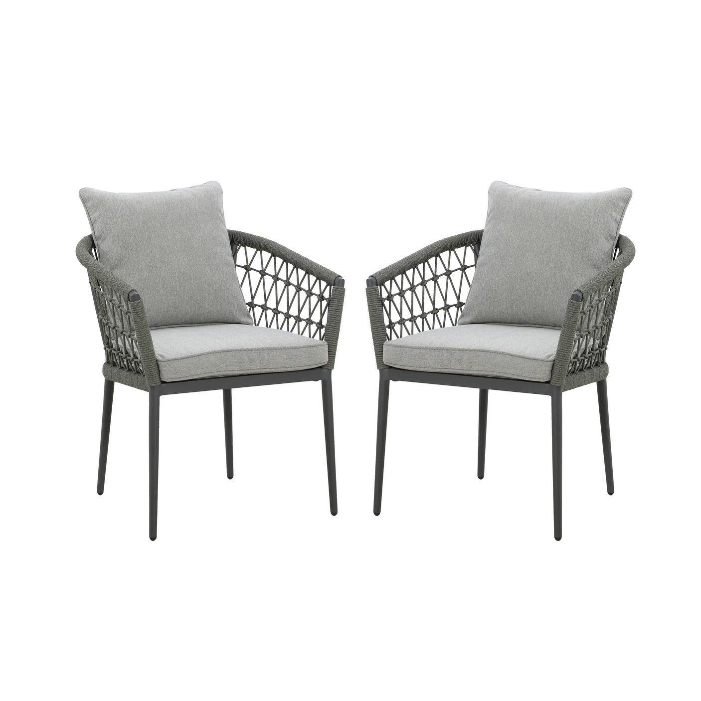 Pair of grey rope outdoor chairs with cushions and black metal frames, front view