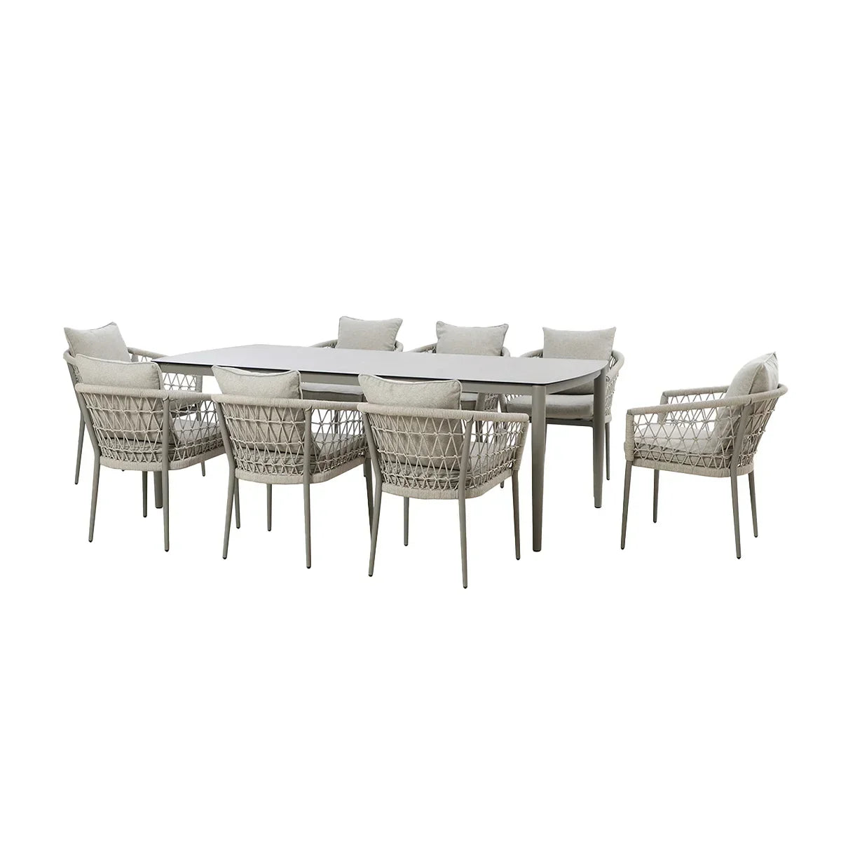 Outdoor dining set with rectangular table and eight beige rattan chairs with cushions