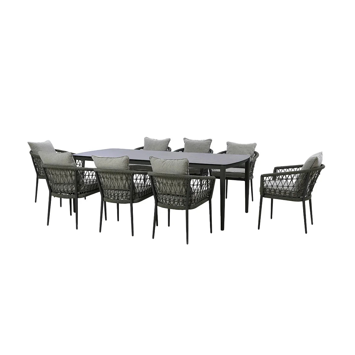 Rattan outdoor dining set with eight cushioned chairs and a rectangular table