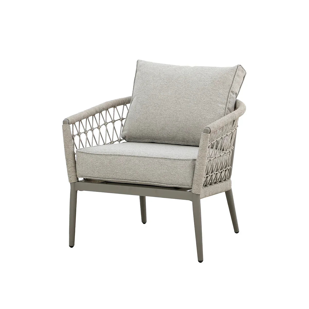 Grey outdoor lounge chair with rope woven sides and metal frame, angled front view