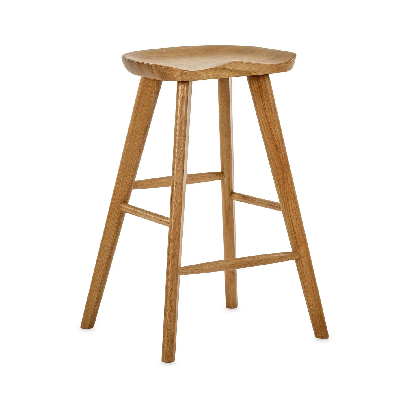 Oak bar stool with contoured wooden seat and angled legs
