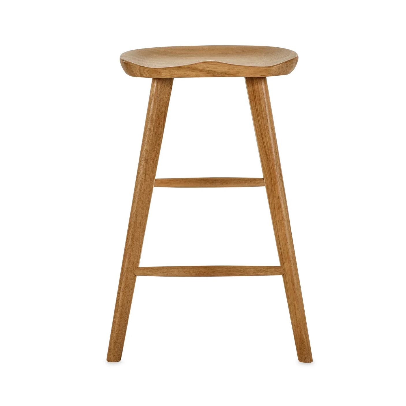 Solid oak bar stool with curved seat and footrests, front view on white background