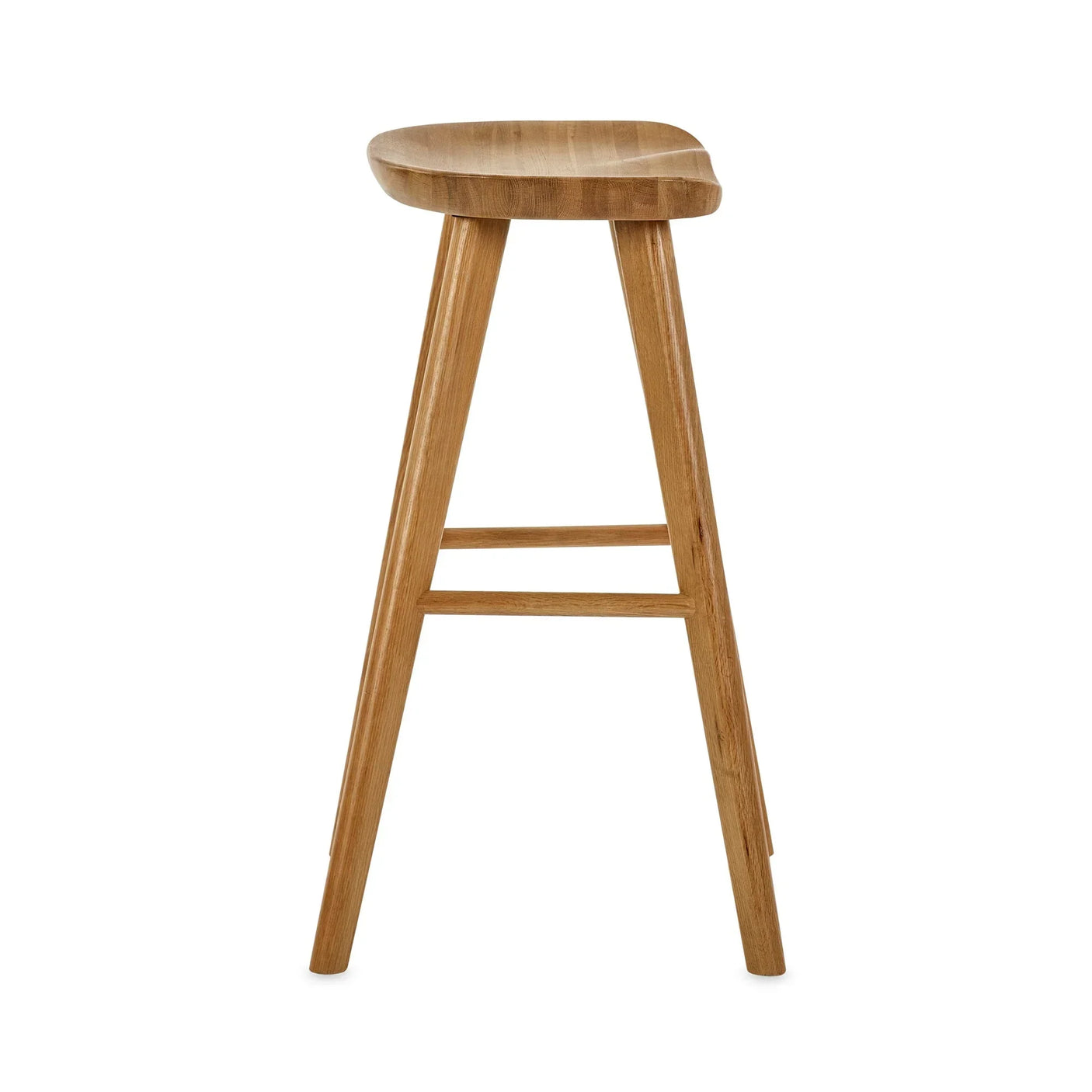 Oak bar stool with curved seat and angled legs, side profile on white background