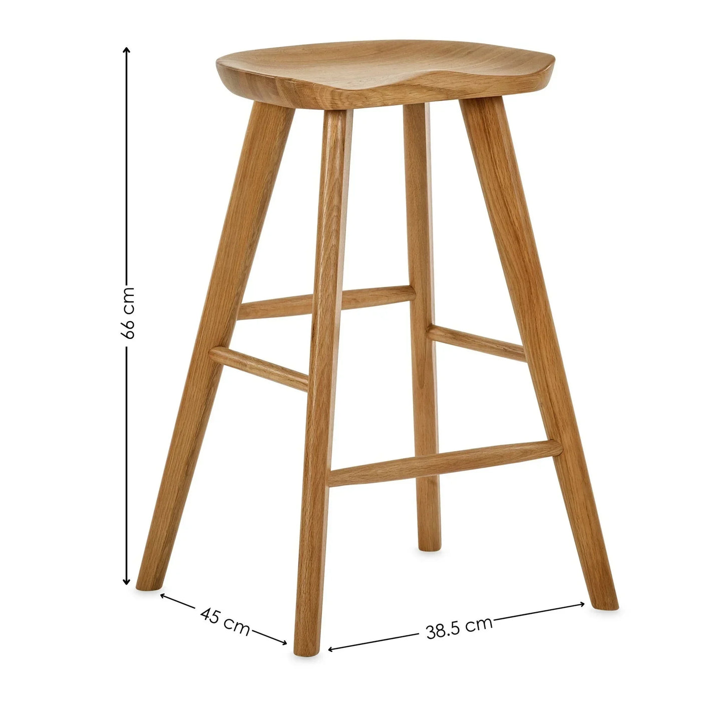 Solid oak bar stool with natural finish, tripod base, and seat dimensions shown