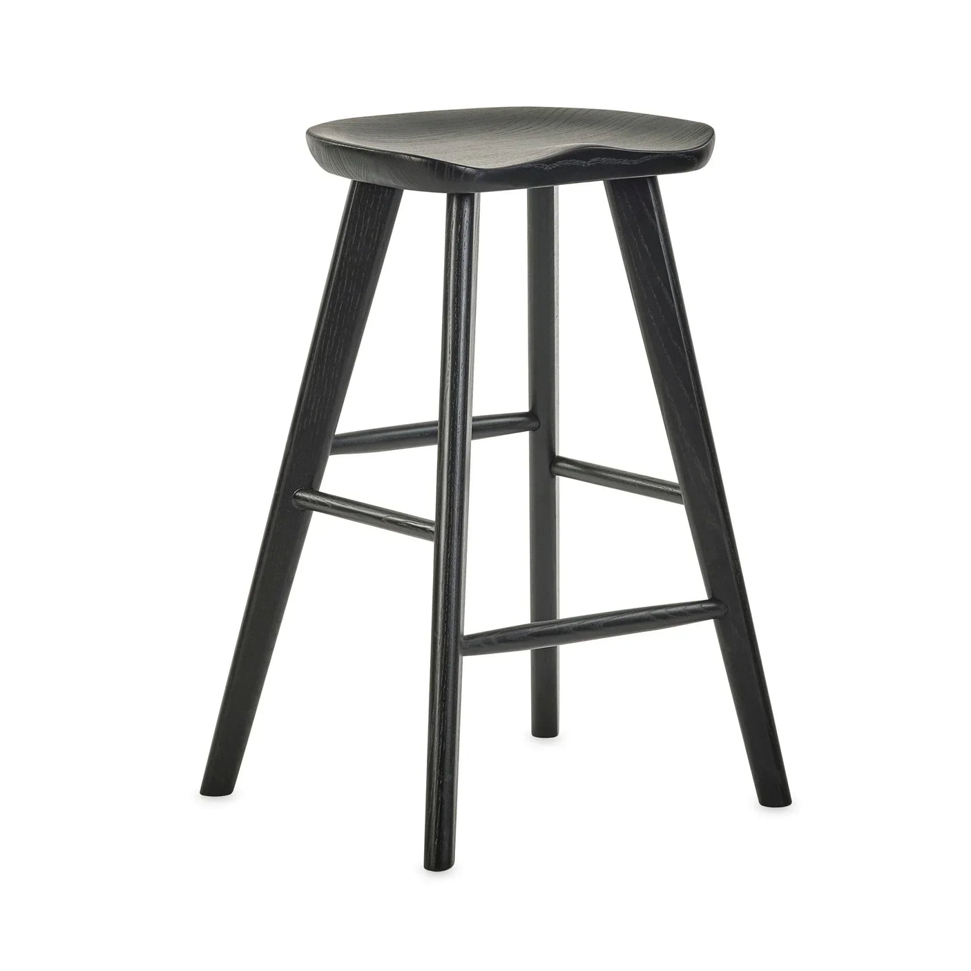 Black wooden bar stool with sculpted seat and four angled legs