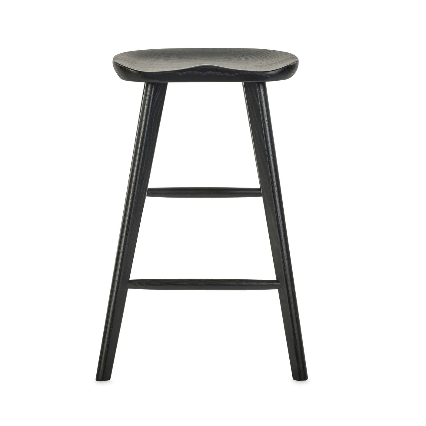 Black wooden bar stool with contoured seat and footrest, front view on white background