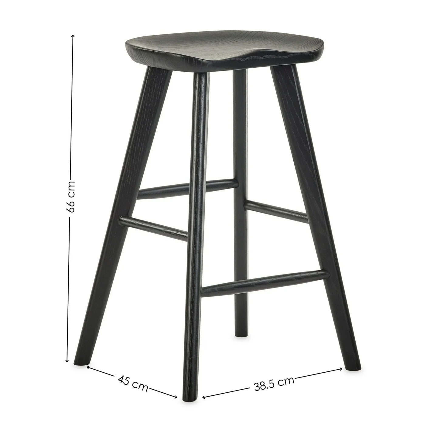 Black wooden bar stool with footrest, featuring seat height and width measurements