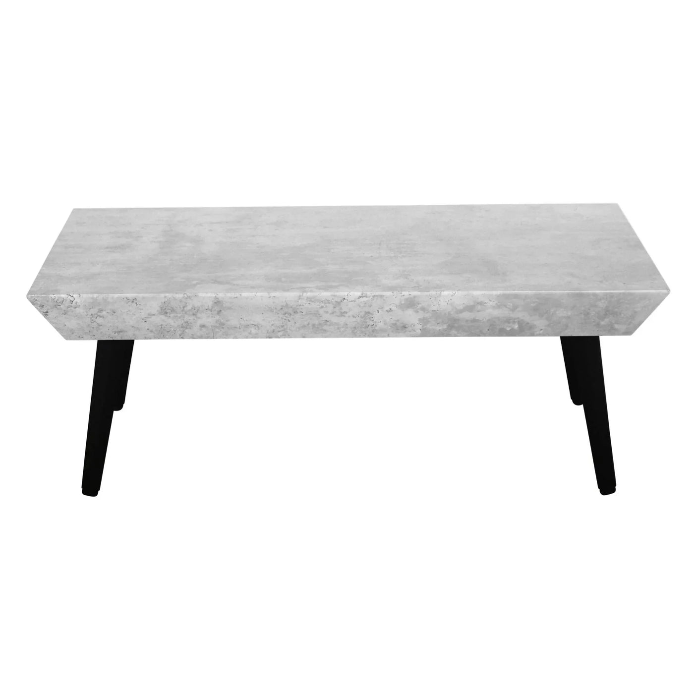 Modern concrete bench with rectangular seat and black angled legs