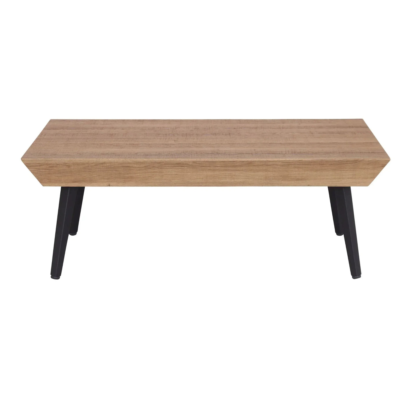 Oak bench with rectangular wooden seat and black angled legs, front view