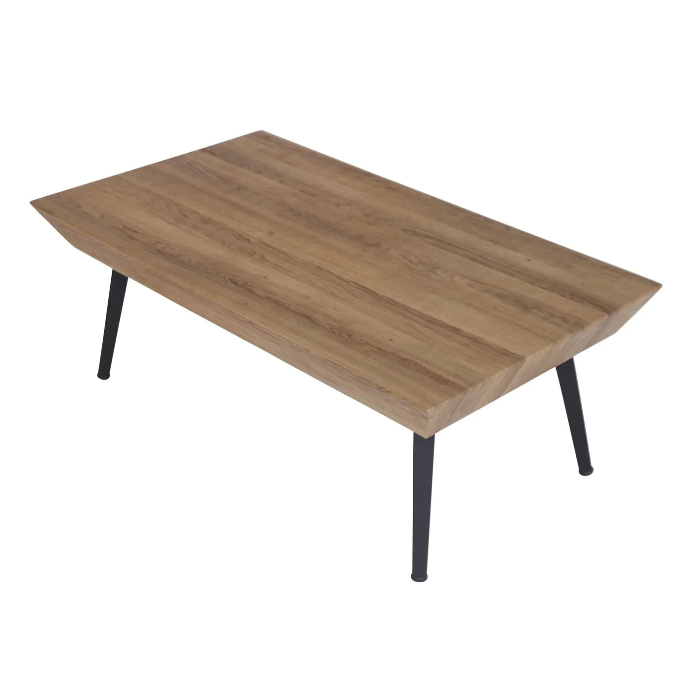 Rectangular oak coffee table with angled black metal legs on white background