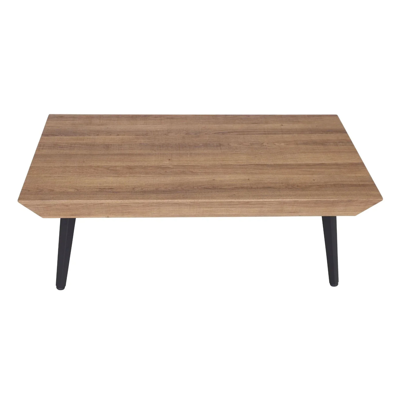 Rectangular oak coffee table with black angled legs on white background