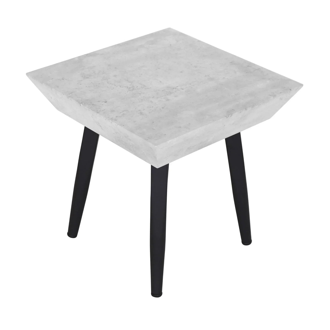 Square concrete side table with black metal legs and angled modern design