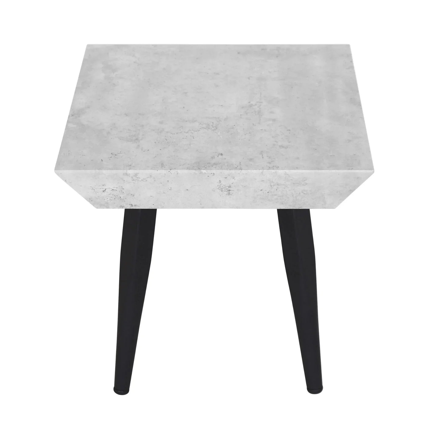 Square concrete effect side table with black metal legs, viewed from above