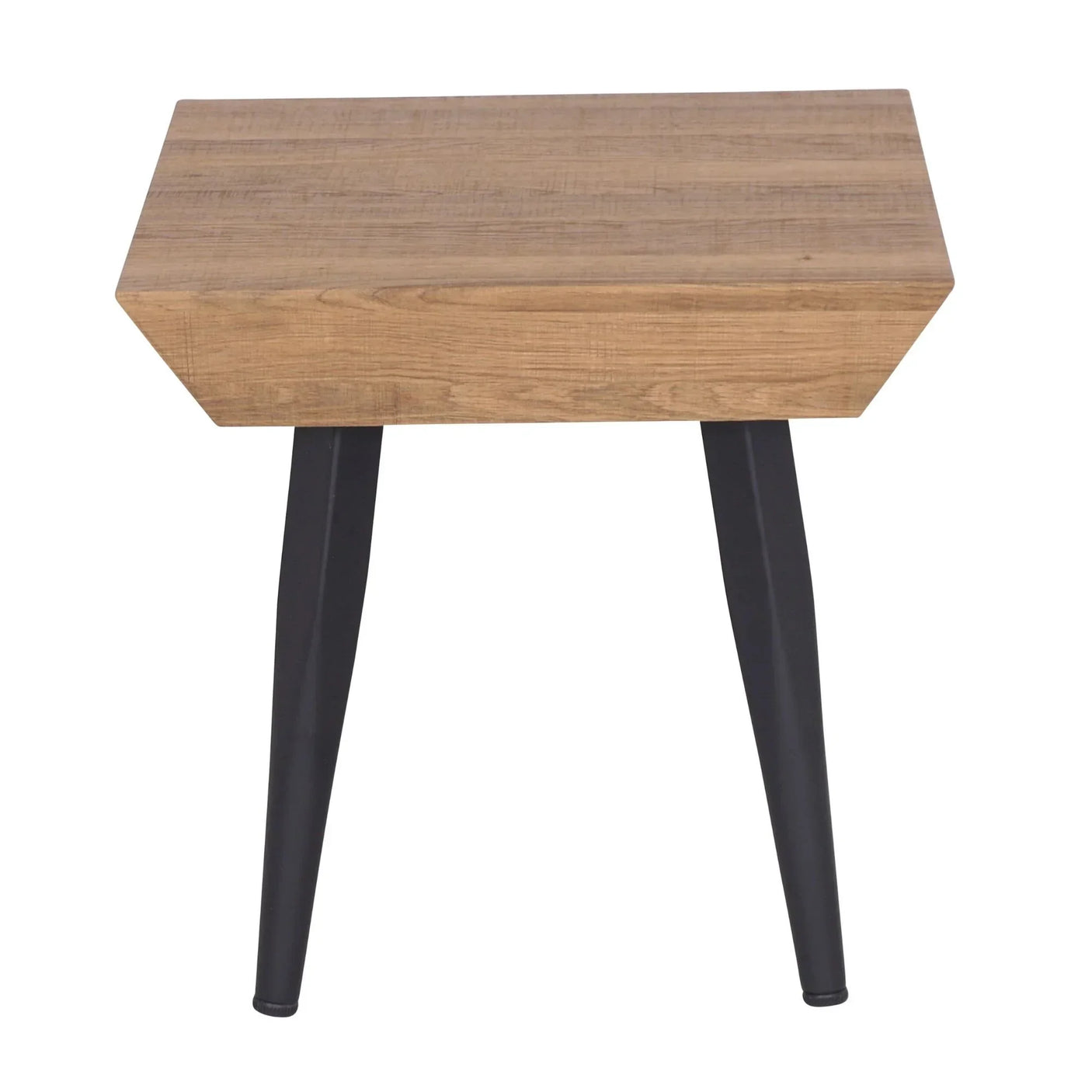 Oak effect side table with black angled metal legs, photographed from above