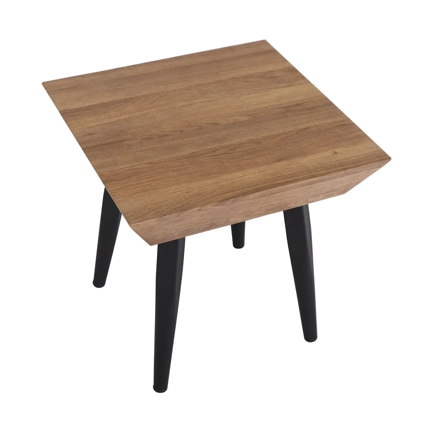 Square oak side table with black metal legs, view from above