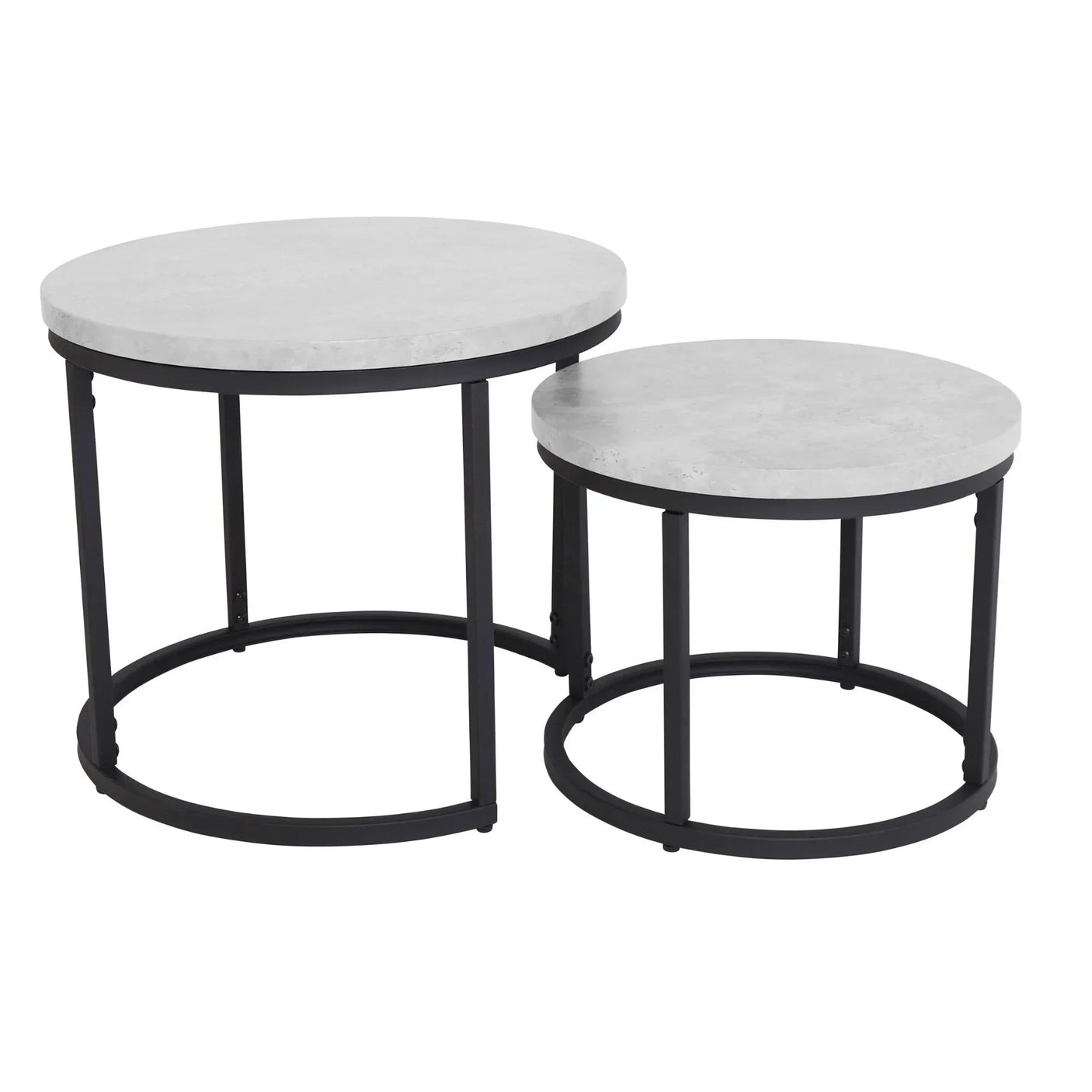 Round nesting coffee tables with concrete effect tops and black metal frames