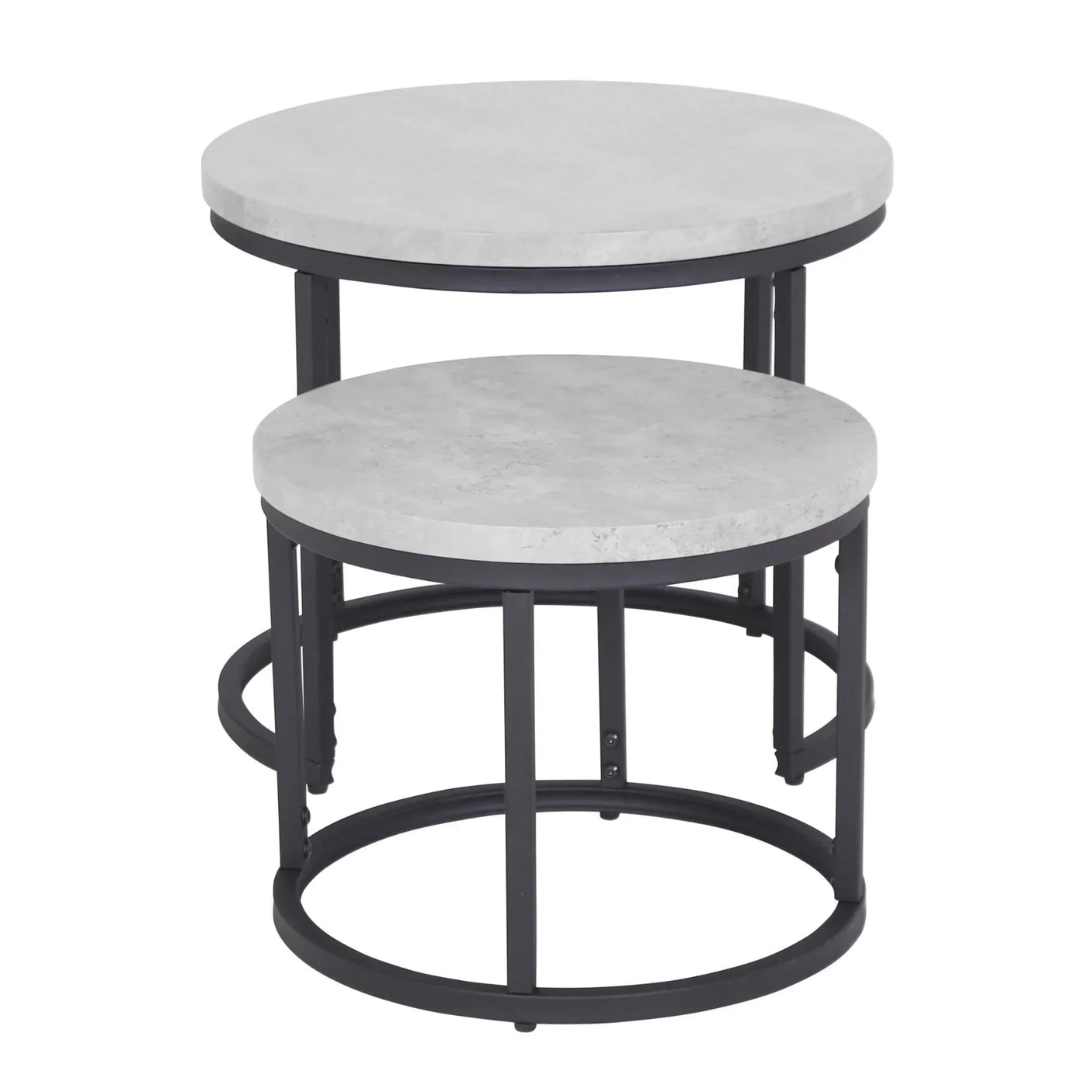 Round nesting coffee tables with light grey tops and black metal frames
