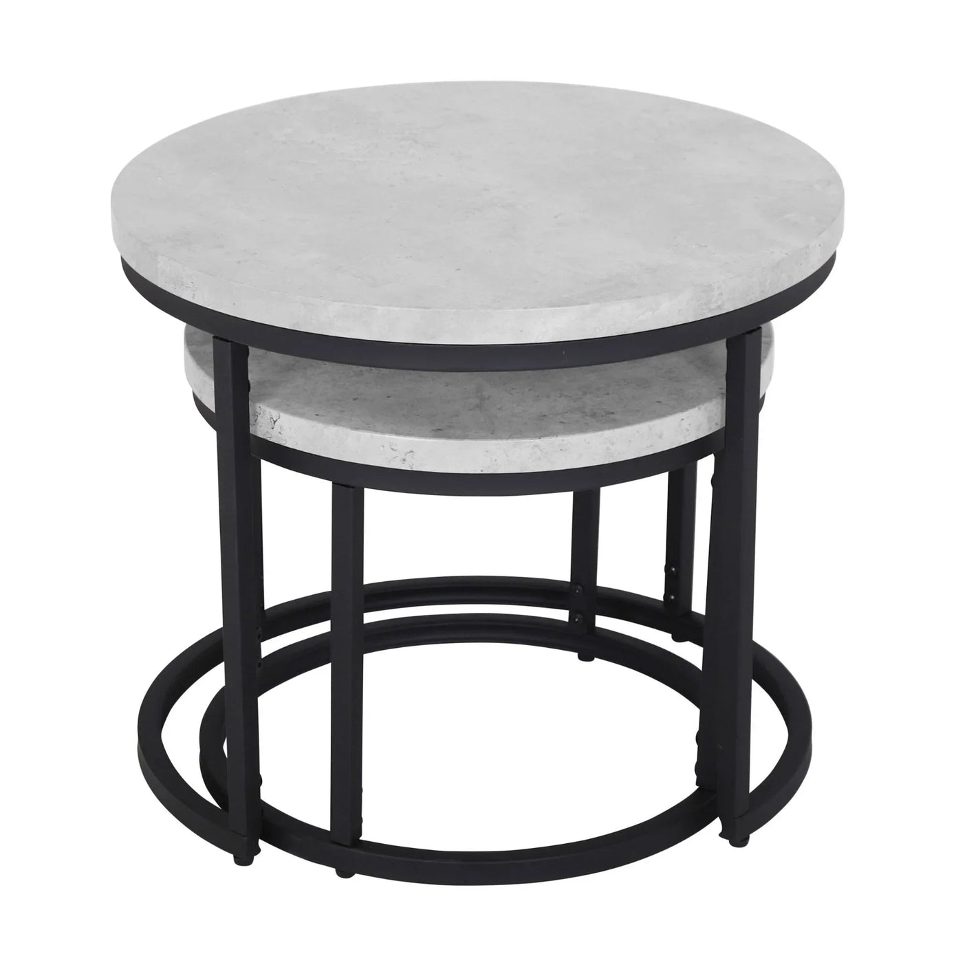 Round nesting coffee table set with light concrete top and black metal frame