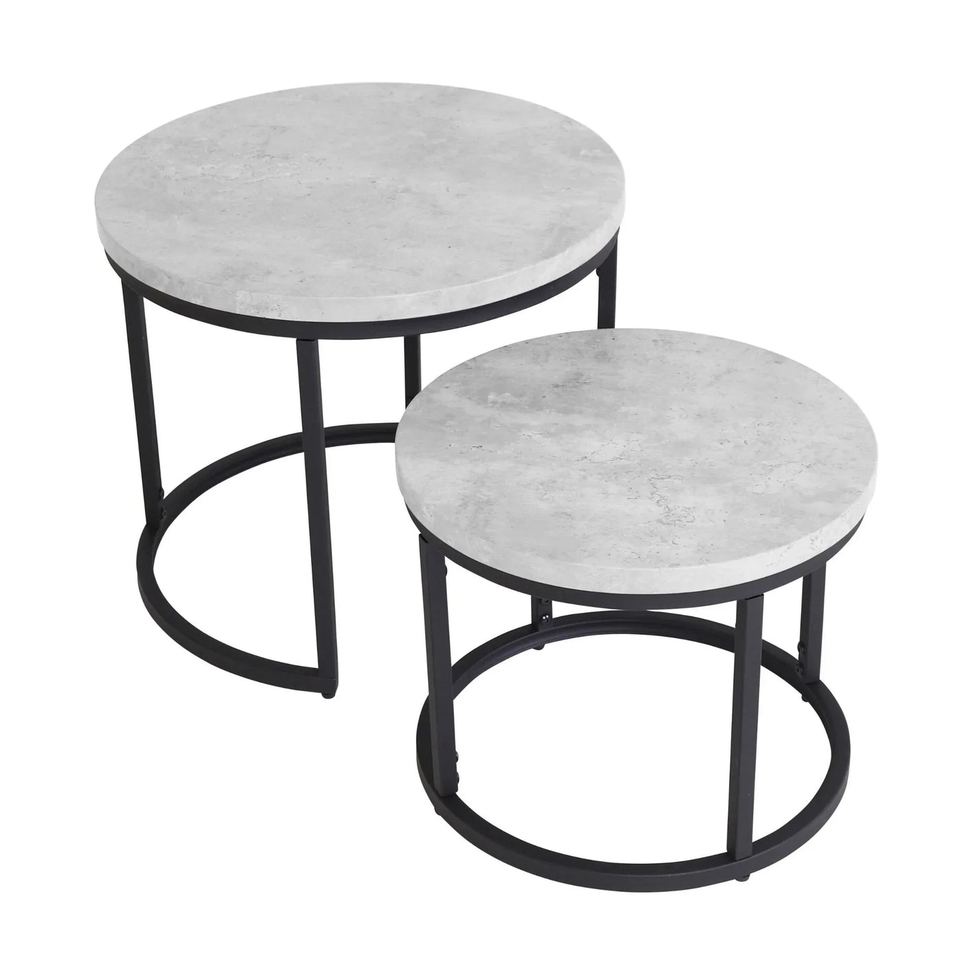 Nesting coffee tables with round concrete effect tops and black metal frames
