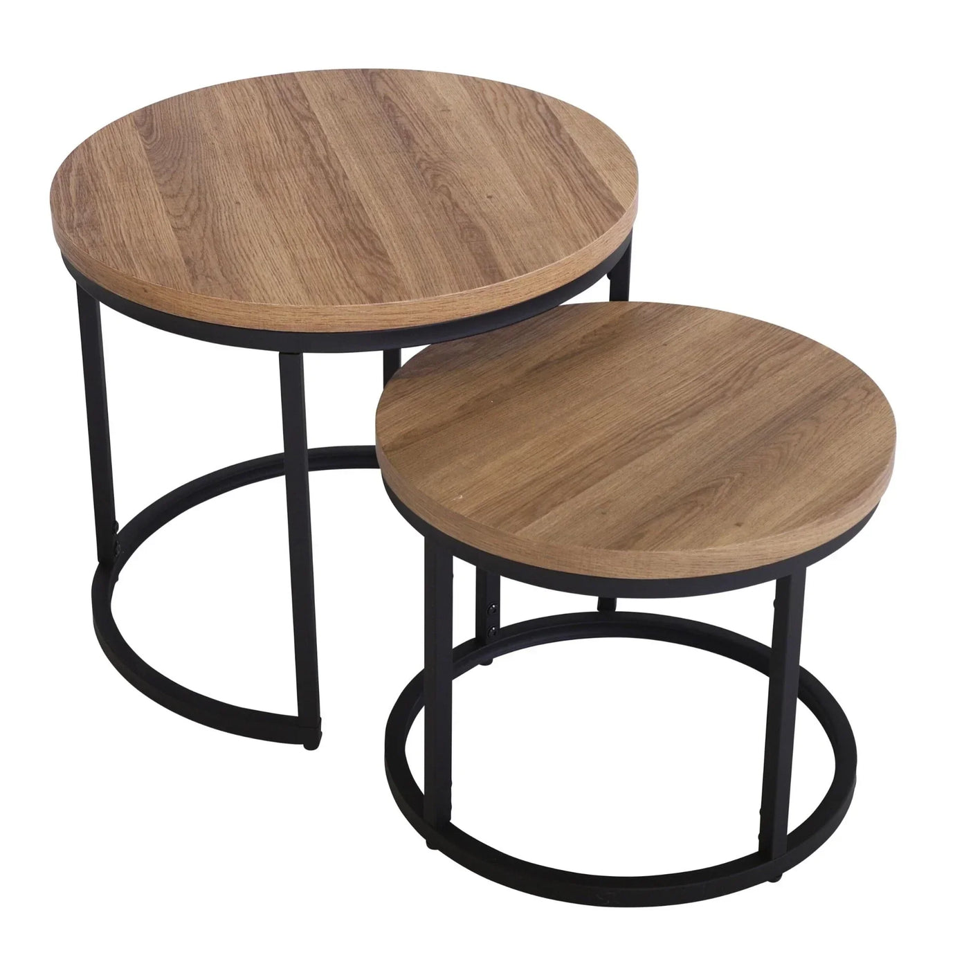 Round nesting coffee tables with oak effect tops and black metal frames