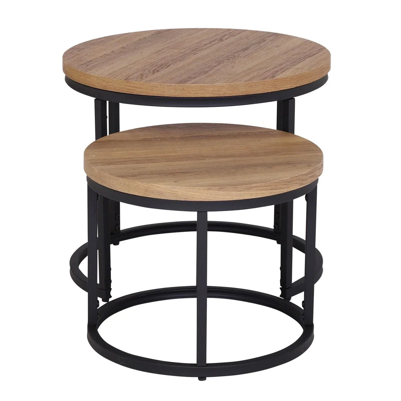 Round oak effect nesting coffee tables with black metal frames