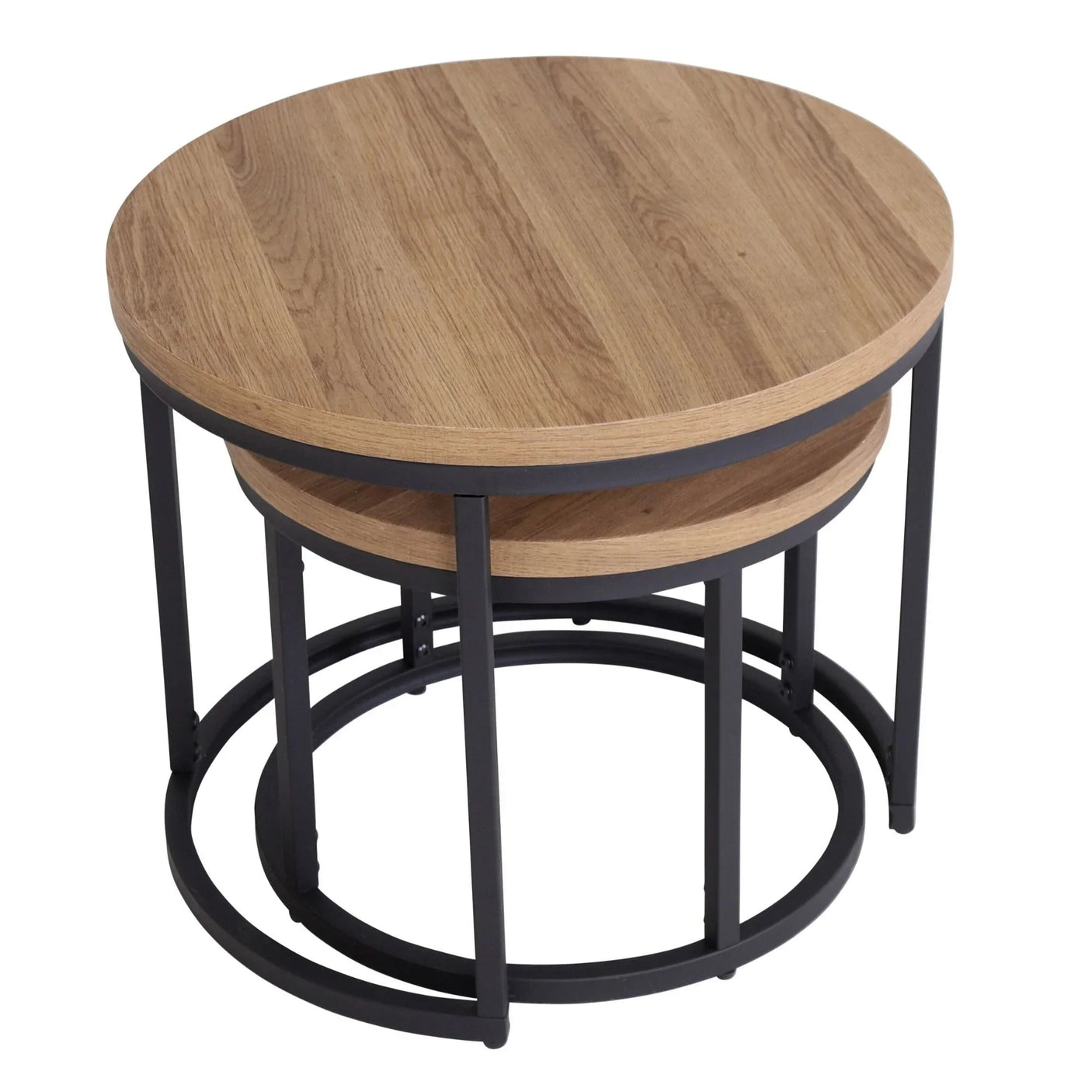 Round nesting coffee tables with oak effect tops and black metal frames