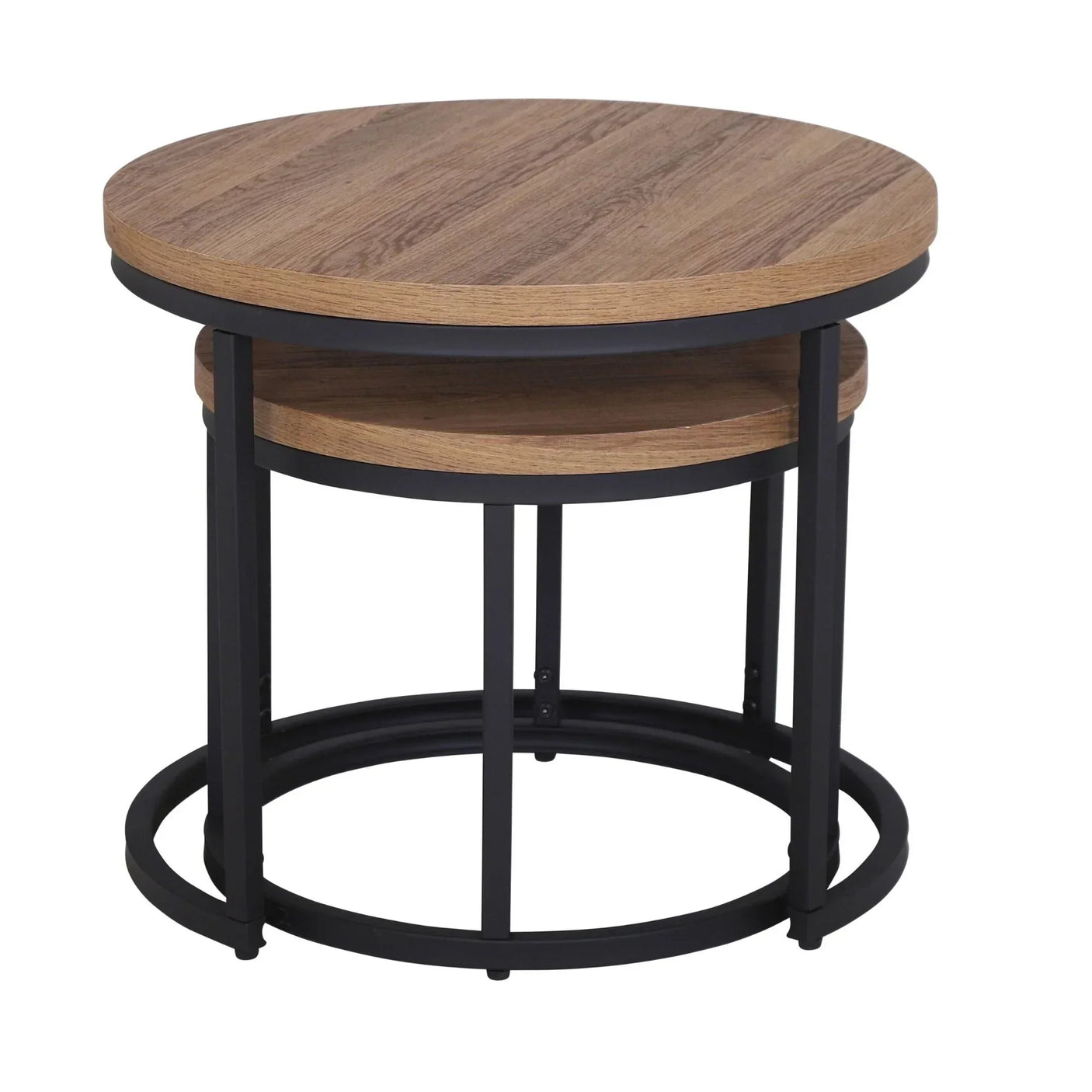 Round oak nest of tables with black metal frame, modern stacking coffee table set