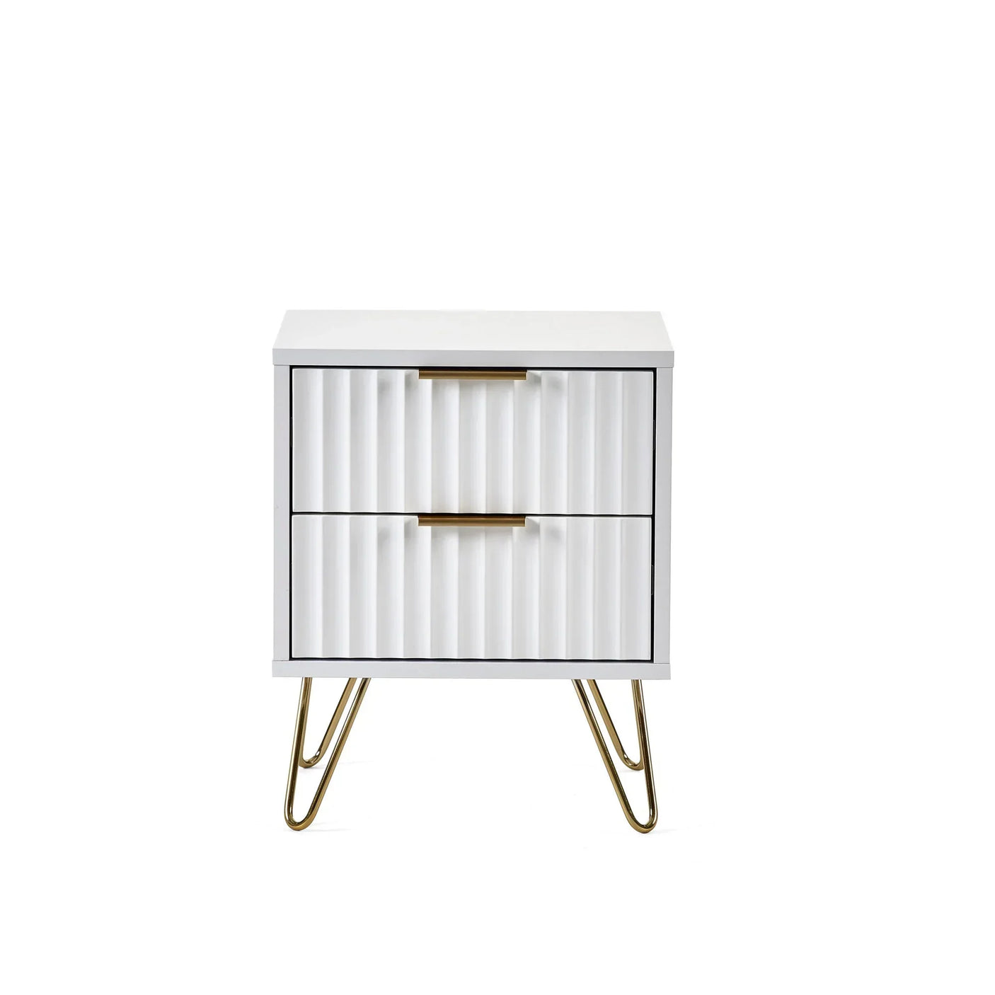 White bedside table with two ribbed drawers and gold legs, front view