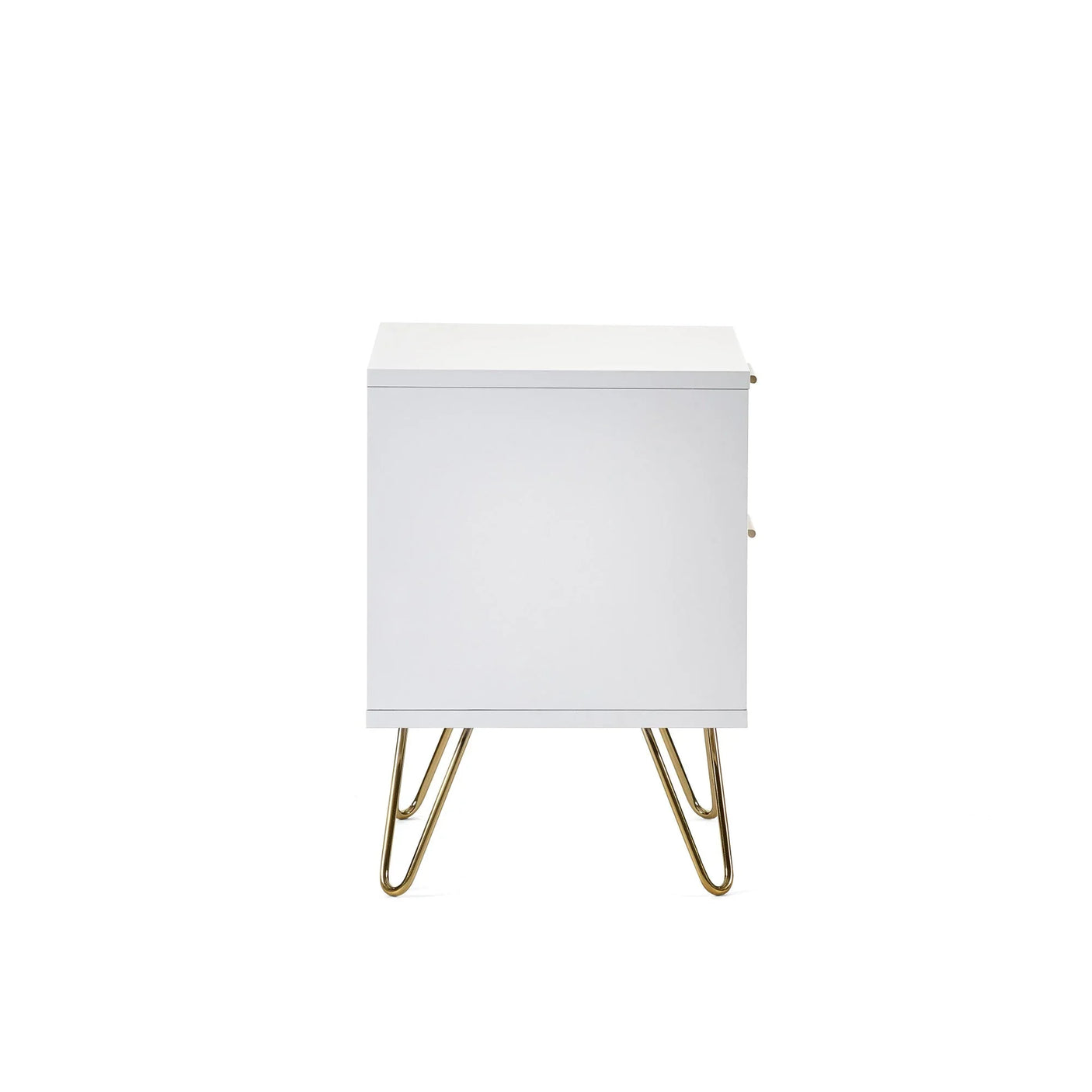 White bedside table with gold hairpin legs, modern design, front angle view