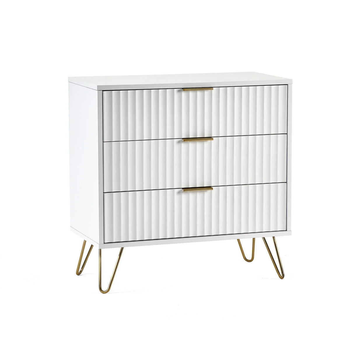 White chest of drawers with gold handles and metal hairpin legs, ribbed front design