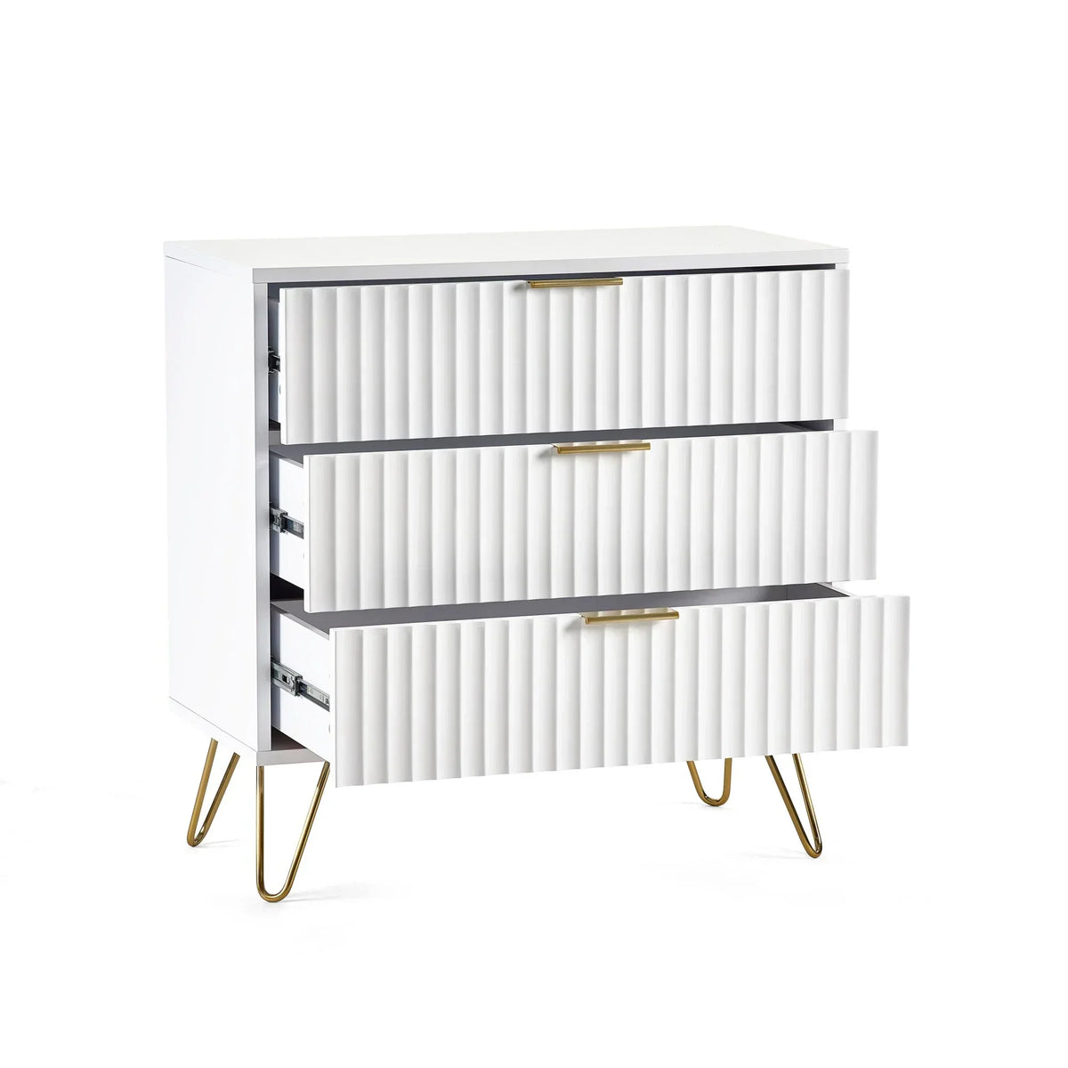 White chest of drawers with fluted fronts and gold hairpin legs, drawers partially open