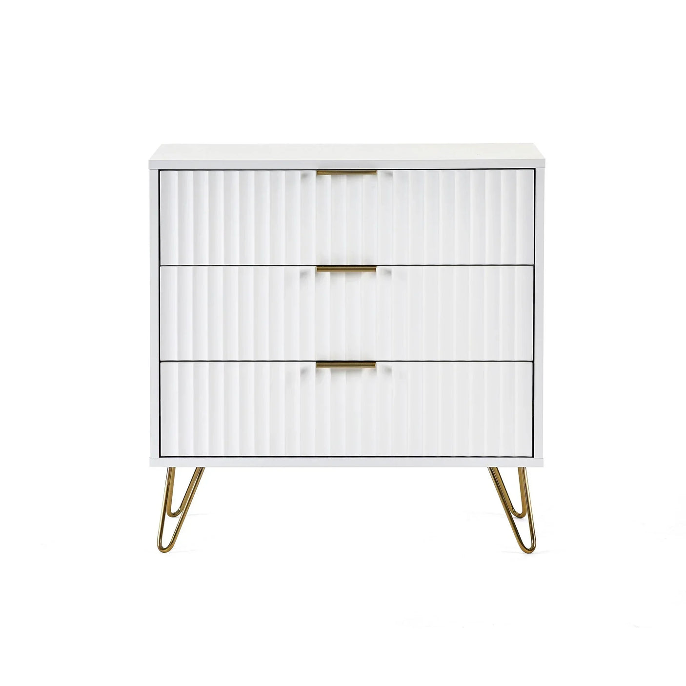 White chest of drawers with ribbed fronts and gold metal legs