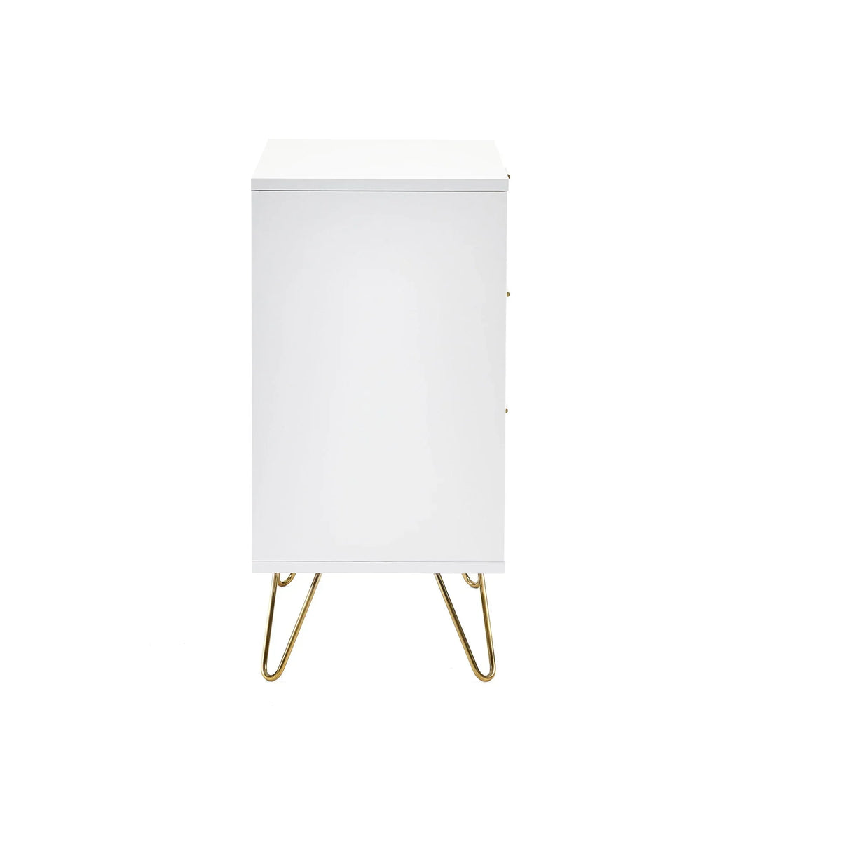 White storage cabinet with gold metal legs, side view