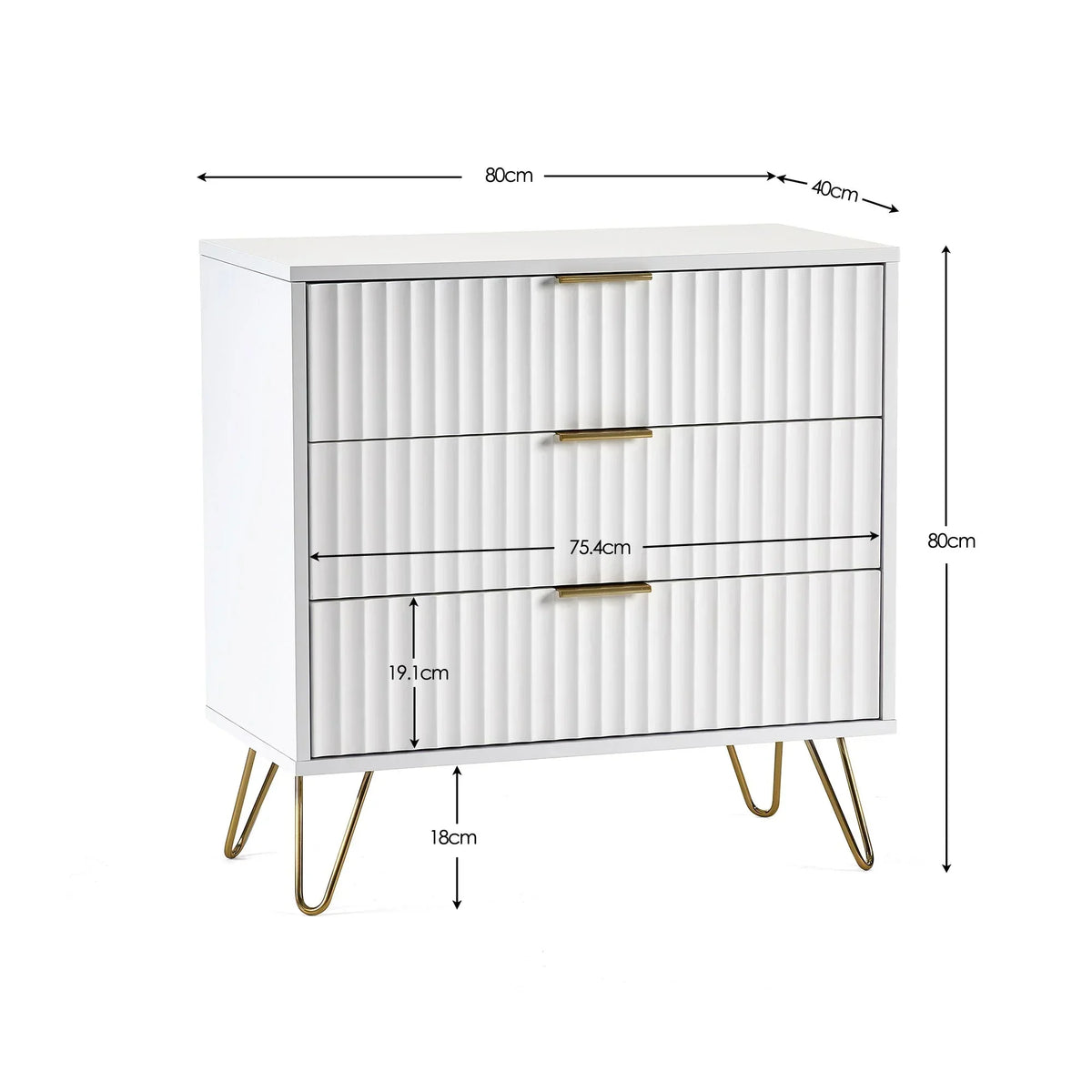 White chest of drawers with fluted fronts, gold handles, hairpin legs and dimensions shown