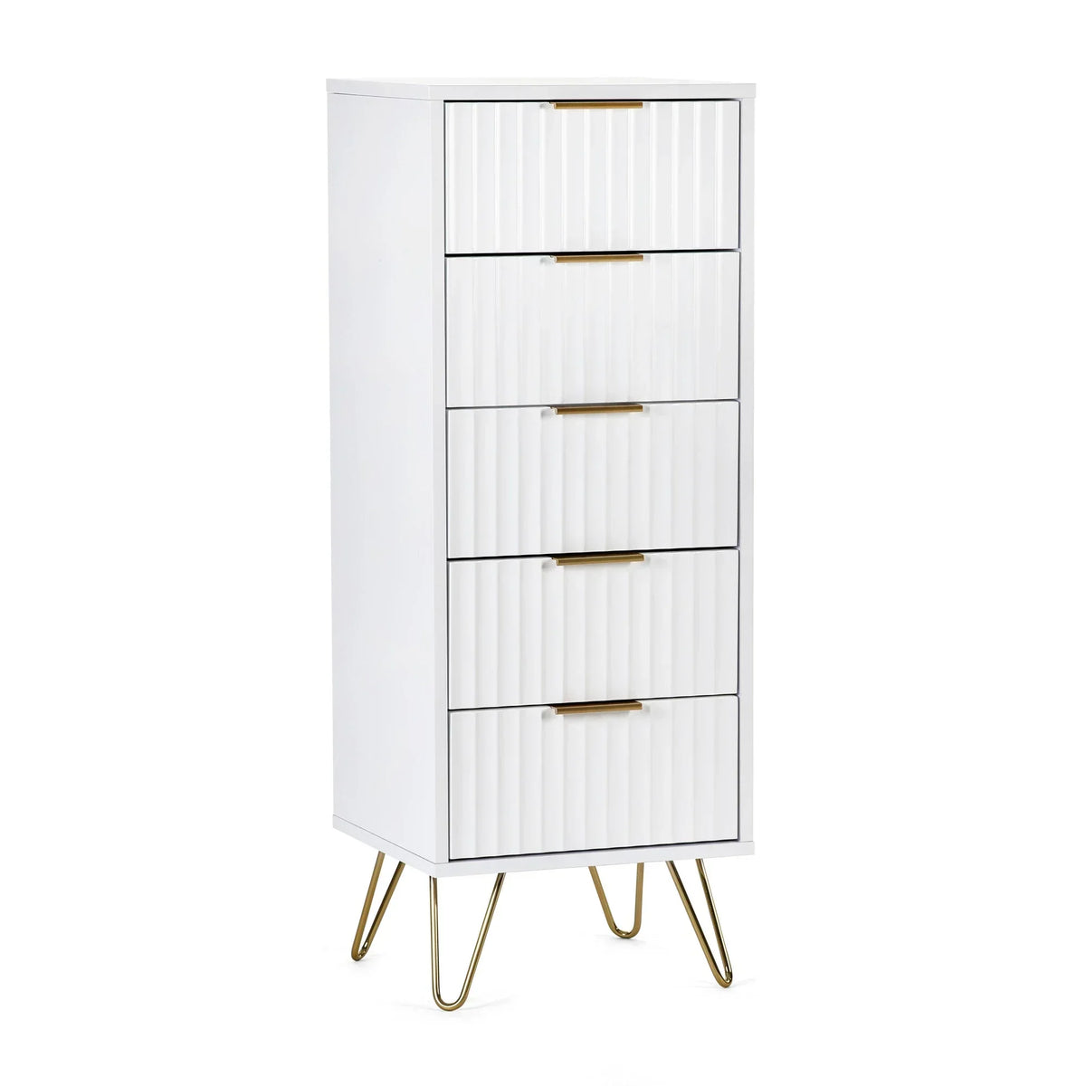 White chest of drawers with gold handles and hairpin legs, vertical panel front design