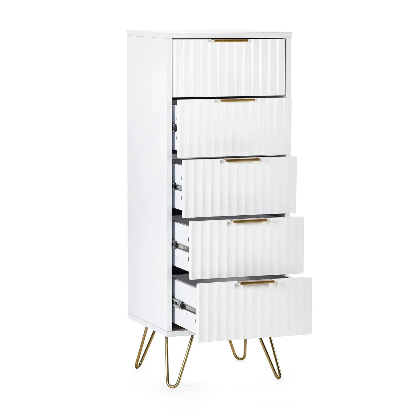 White chest of drawers with gold handles and legs, all drawers open, ribbed front design