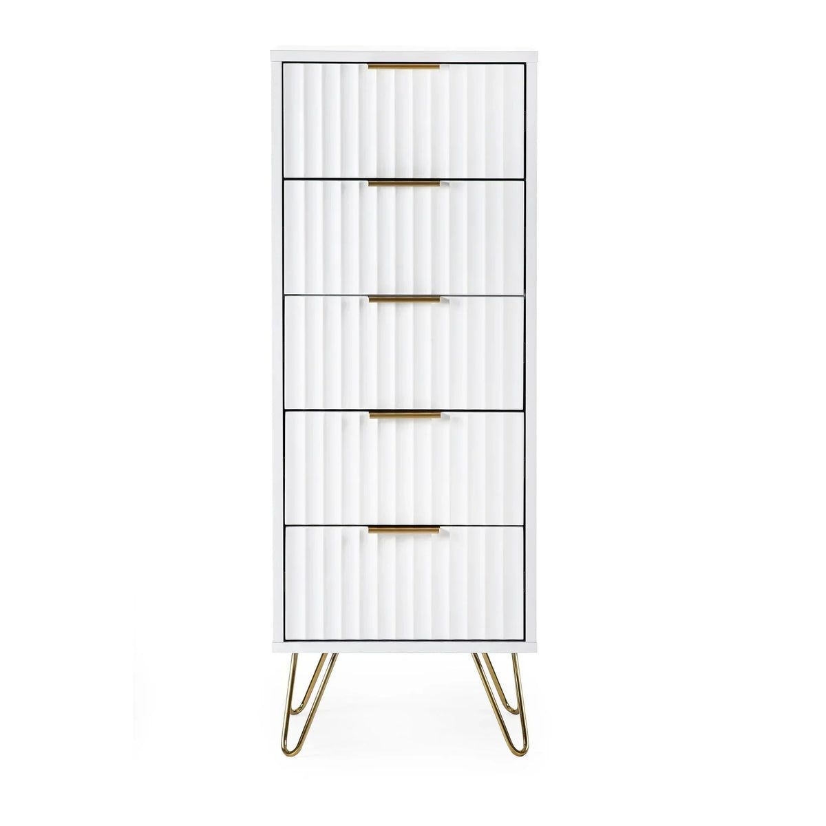 White tall chest of drawers with gold handles and hairpin legs, ribbed drawer fronts