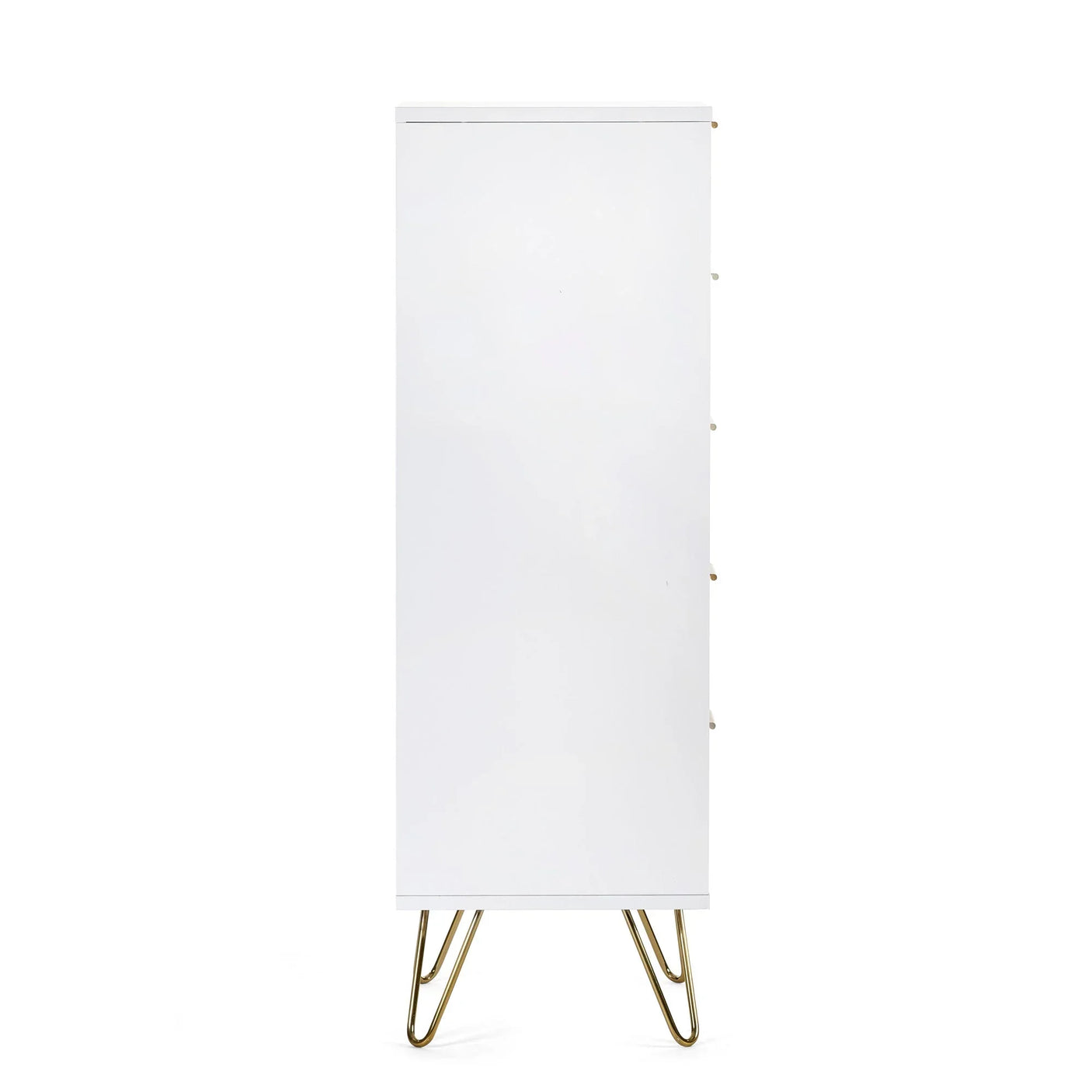 Side view of white chest of drawers with gold metal legs