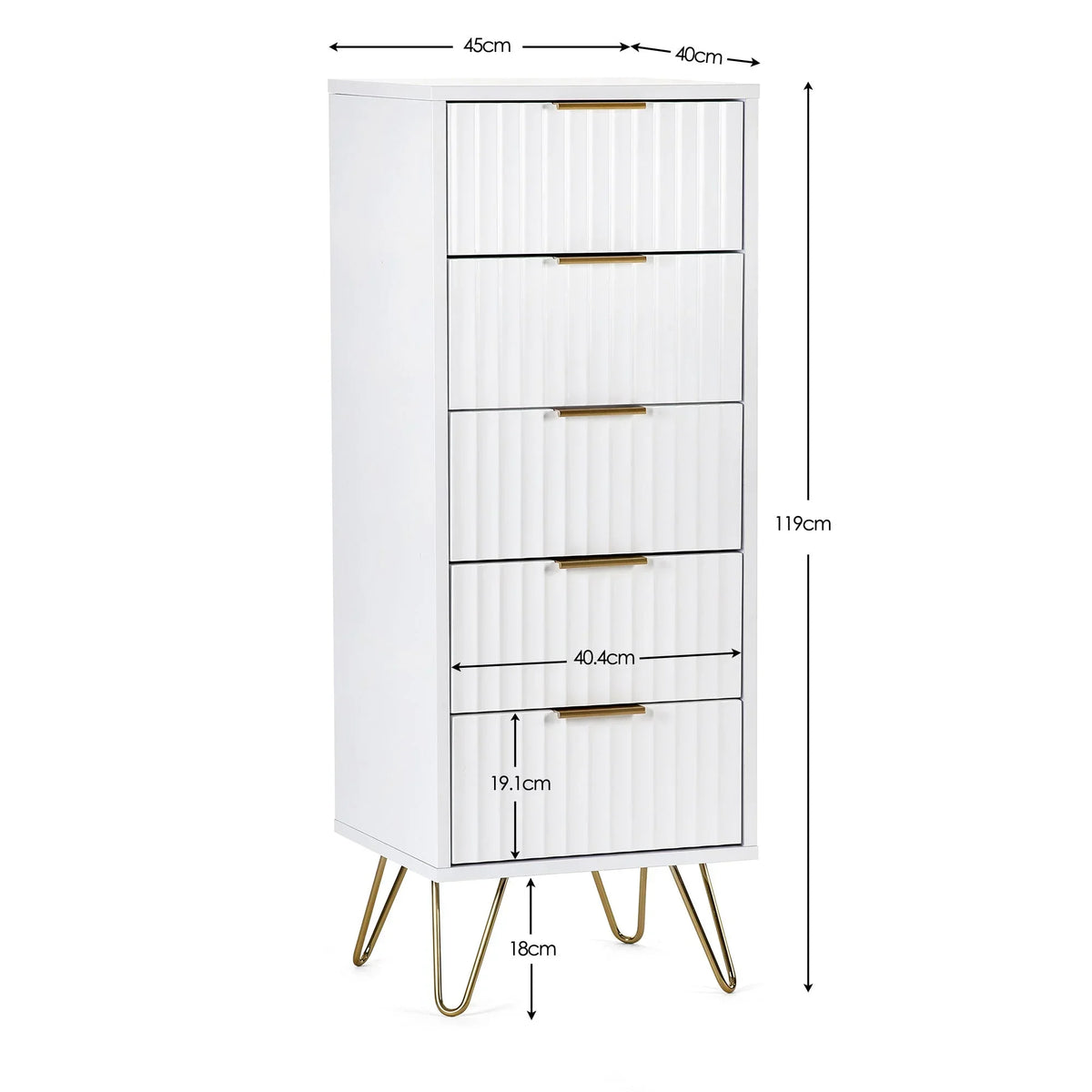 White chest of drawers with gold handles and metal legs, visible size measurements included