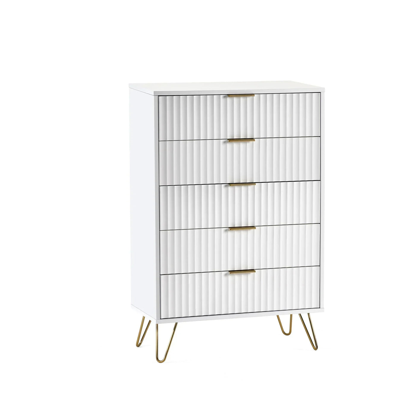 White chest of drawers with ribbed front panels and gold handles on metal hairpin legs