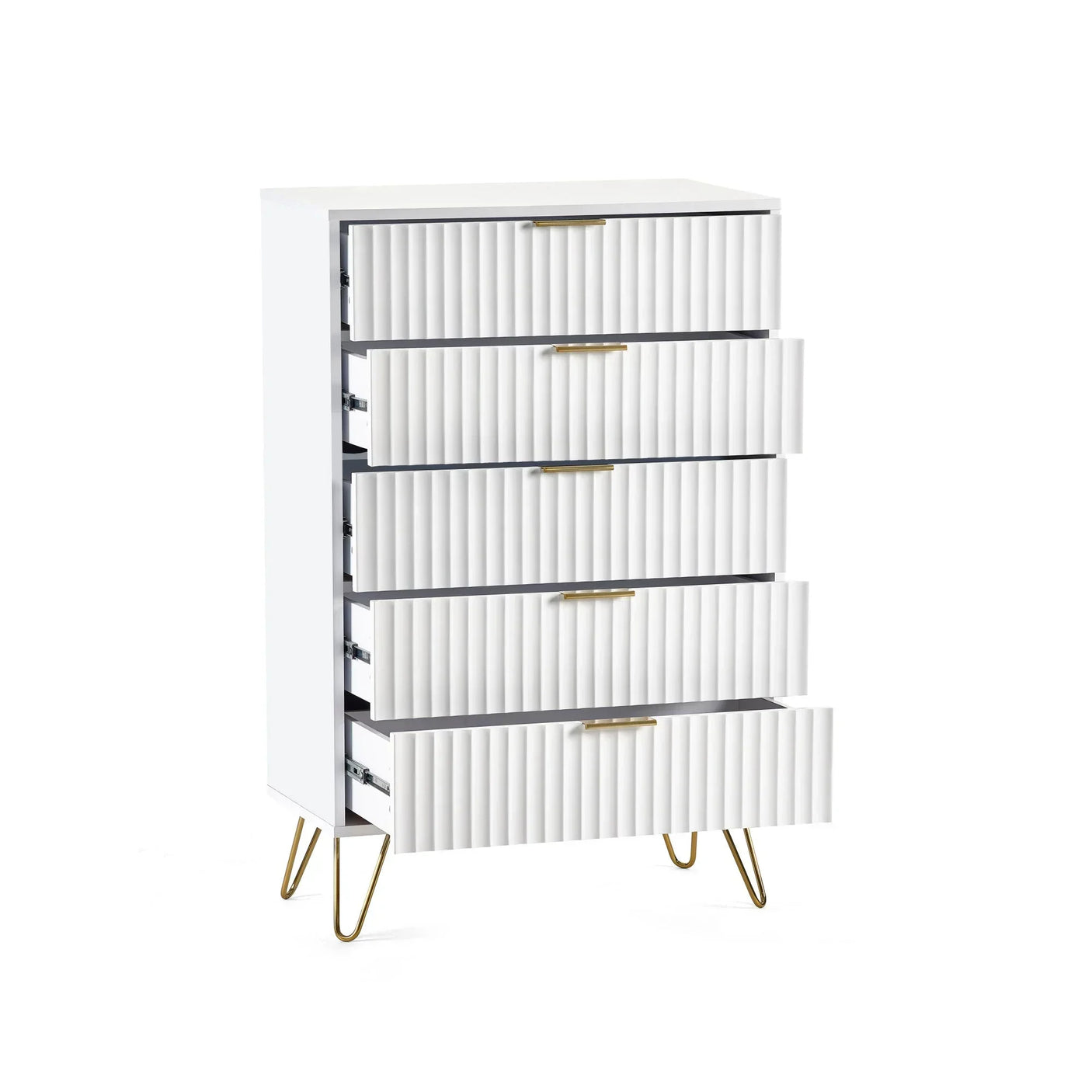 White chest of drawers with gold handles and hairpin legs, all drawers partially open