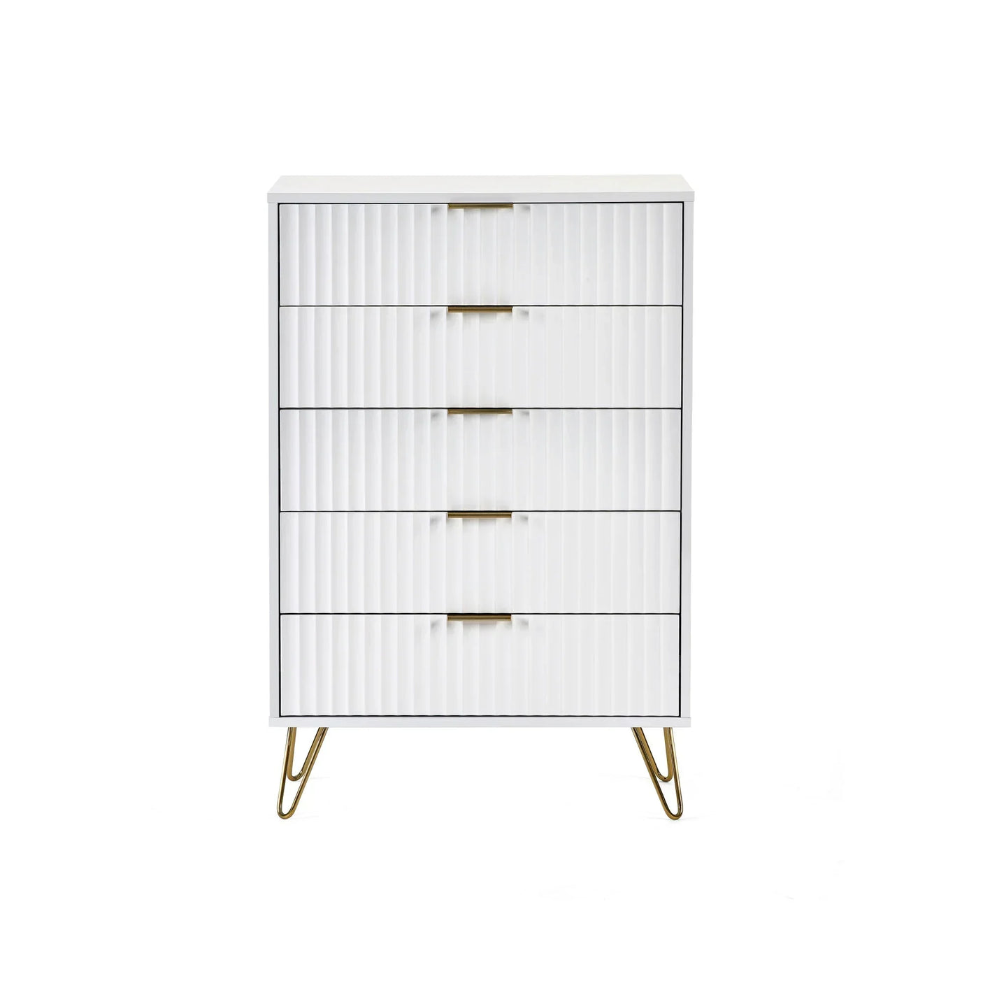 White chest of drawers with gold legs and vertical groove detail on front