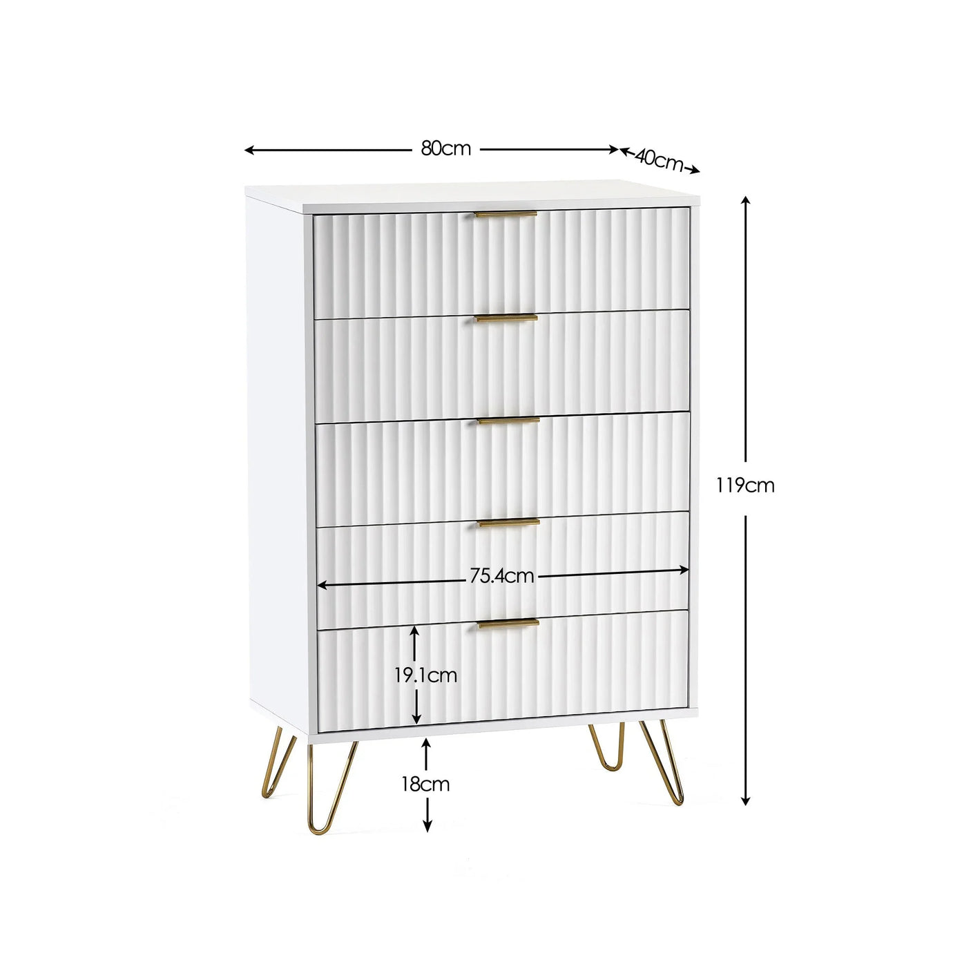 Murano 5 Drawer Chest - White - MUR004