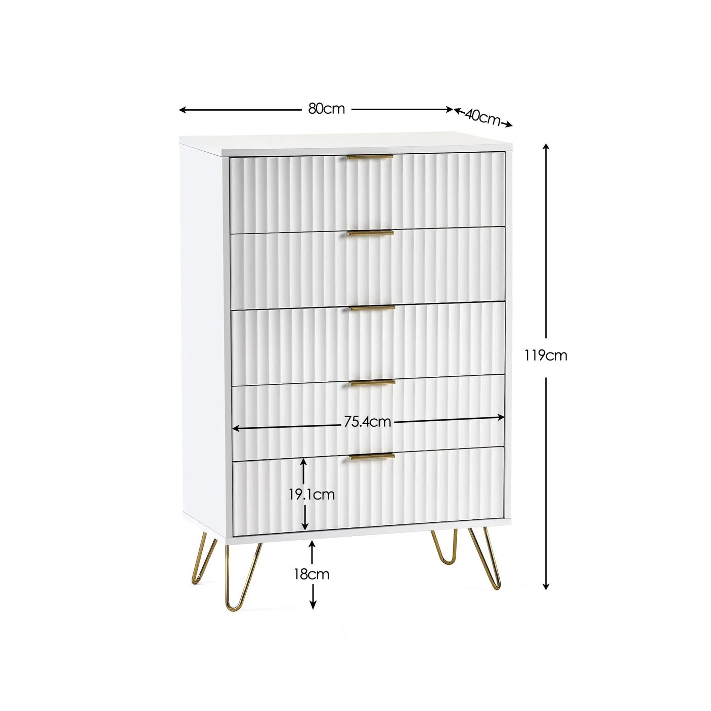 White chest of drawers with gold handles and hairpin legs, dimensions labeled in centimeters