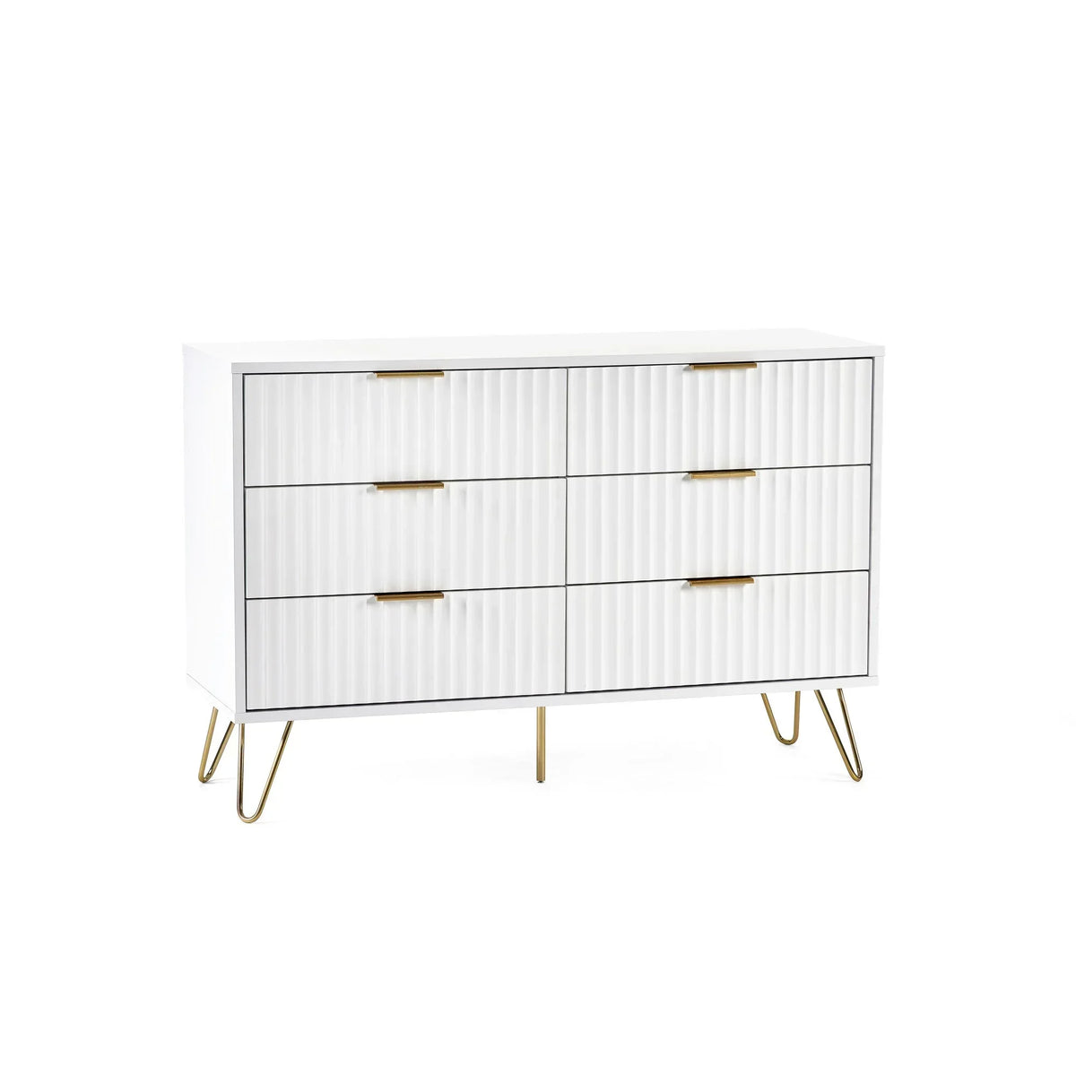 White six drawer chest of drawers with gold handles and gold metal legs