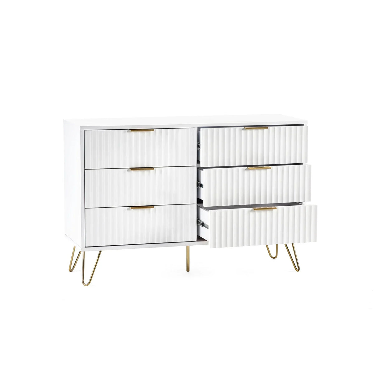 White chest of drawers with gold handles and legs, some drawers partially open, front view