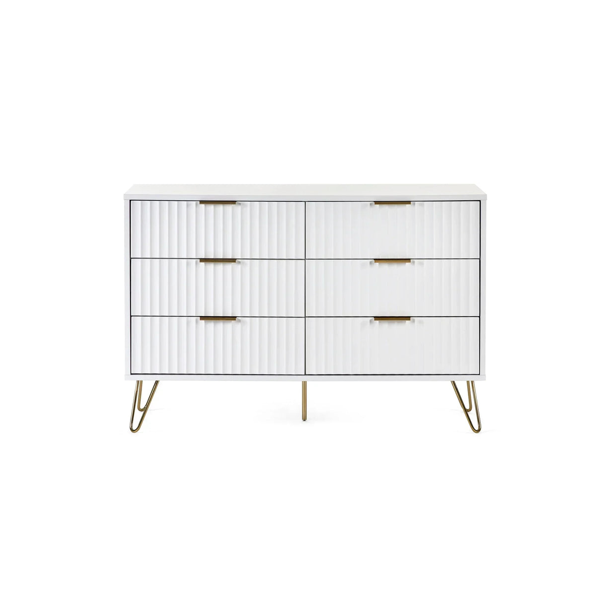 White six drawer chest with gold handles and metal legs, ribbed front panel design