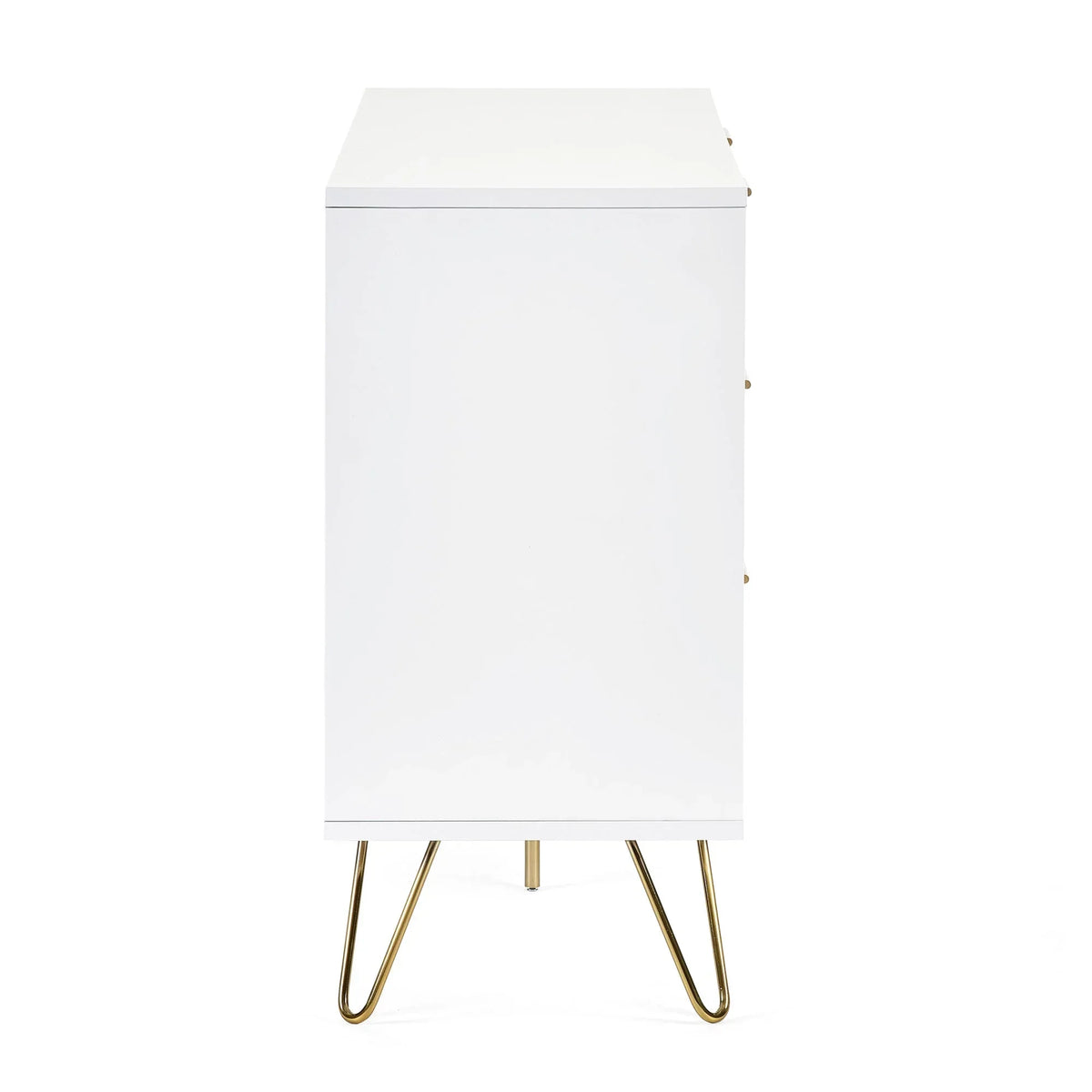 White cabinet side view with gold metal legs, modern style furniture for living room use